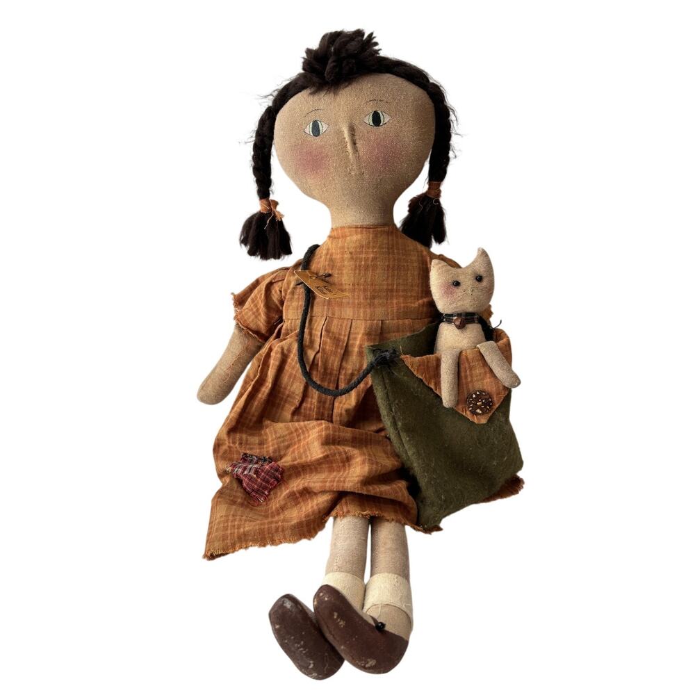 Katie's Kitten Prim Americana Cloth Doll 21" Brown Hair Folk Art Shelf Sitter